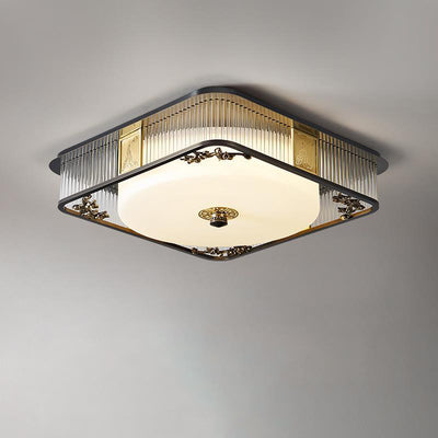 Plafonnier LED en verre en acier inoxydable rond en cuivre traditionnel chinois pour chambre à coucher 