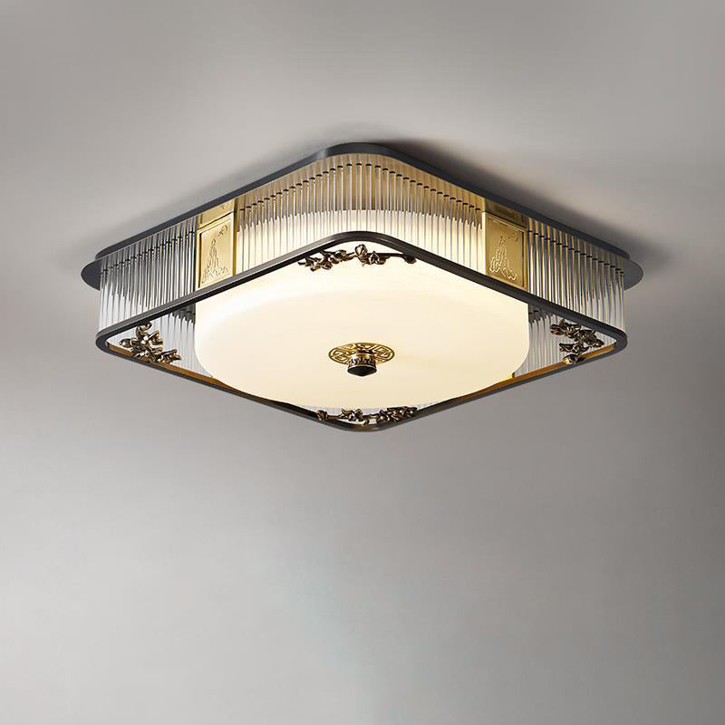 Plafonnier LED en verre en acier inoxydable rond en cuivre traditionnel chinois pour chambre à coucher 