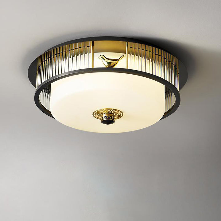Plafonnier LED en verre en acier inoxydable rond en cuivre traditionnel chinois pour chambre à coucher 