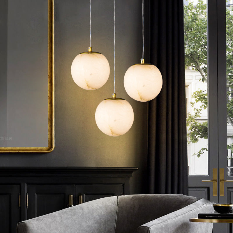 Lampe suspendue à 1 lumière en marbre de cuivre sphérique chinois traditionnel pour chambre 