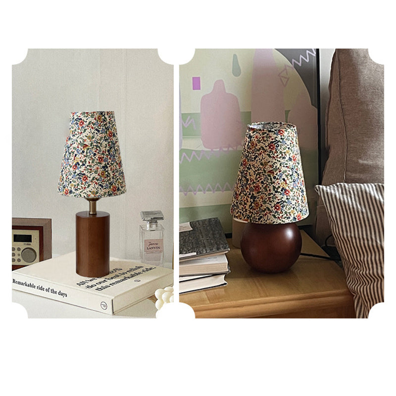 Lampe de table 1 lumière en bois de caoutchouc avec abat-jour en tissu rond vintage traditionnel pour chambre à coucher 
