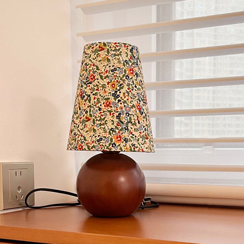 Lampe de table 1 lumière en bois de caoutchouc avec abat-jour en tissu rond vintage traditionnel pour chambre à coucher 