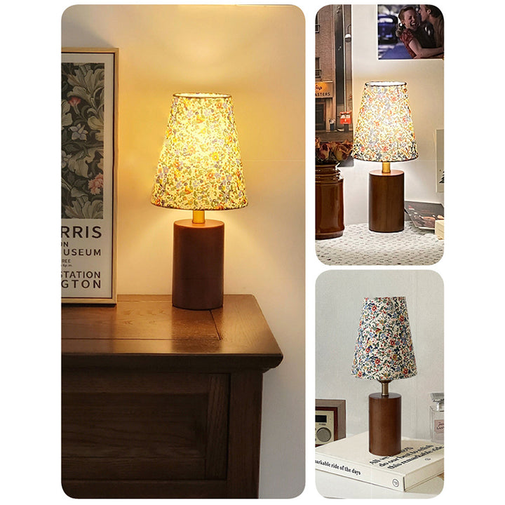 Lampe de table 1 lumière en bois de caoutchouc avec abat-jour en tissu rond vintage traditionnel pour chambre à coucher 