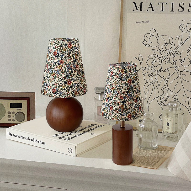 Lampe de table 1 lumière en bois de caoutchouc avec abat-jour en tissu rond vintage traditionnel pour chambre à coucher 