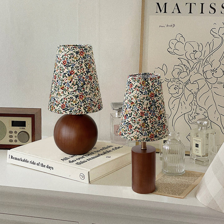 Lampe de table 1 lumière en bois de caoutchouc avec abat-jour en tissu rond vintage traditionnel pour chambre à coucher 