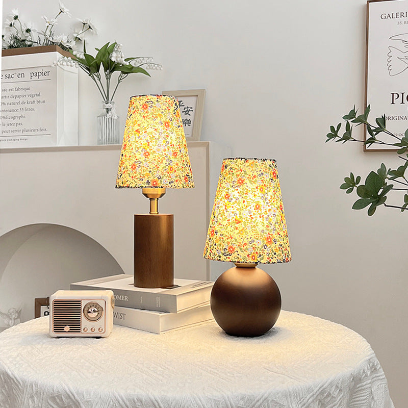Lampe de table 1 lumière en bois de caoutchouc avec abat-jour en tissu rond vintage traditionnel pour chambre à coucher 