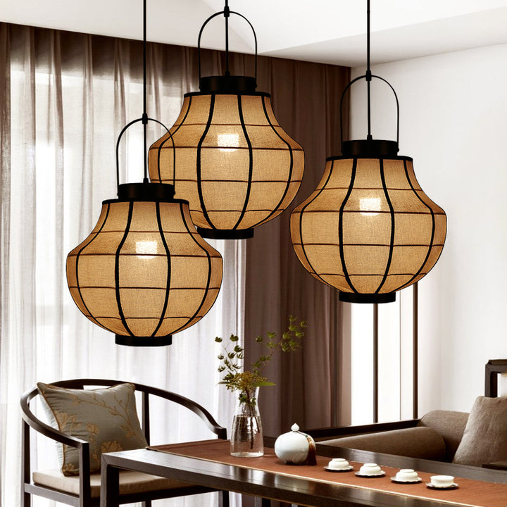 Suspension Luminaire en Lin Acier au Carbone Sphère Ronde Traditionnelle Japonaise 1-Lumière pour Salon 