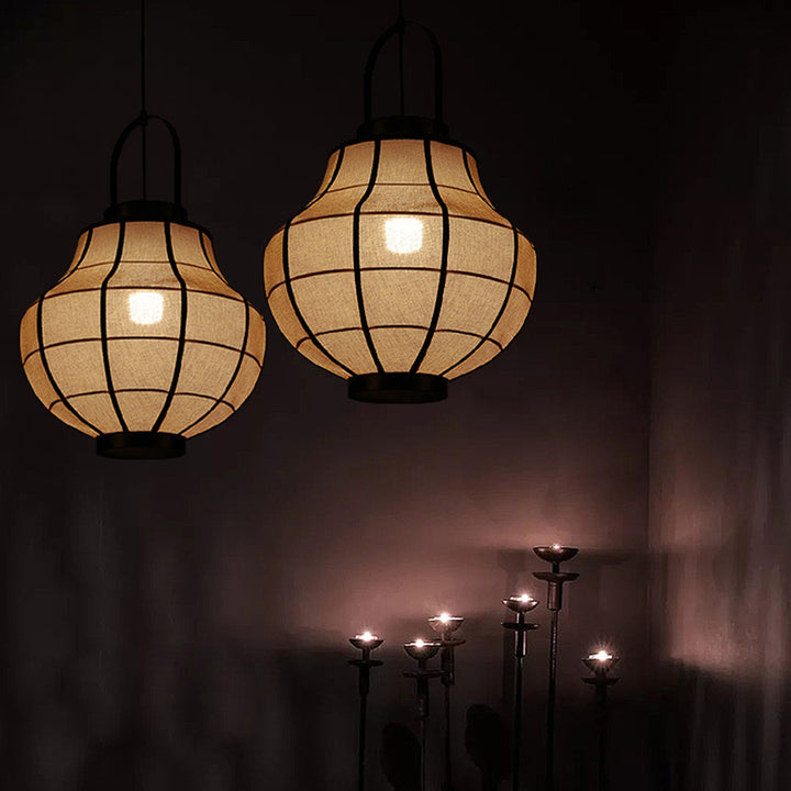 Suspension Luminaire en Lin Acier au Carbone Sphère Ronde Traditionnelle Japonaise 1-Lumière pour Salon 