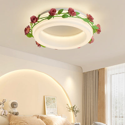 Plafonnier LED rond en fer et plastique avec fleurs créatives contemporaines pour chambre à coucher 
