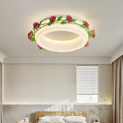 Plafonnier LED rond en fer et plastique avec fleurs créatives contemporaines pour chambre à coucher 