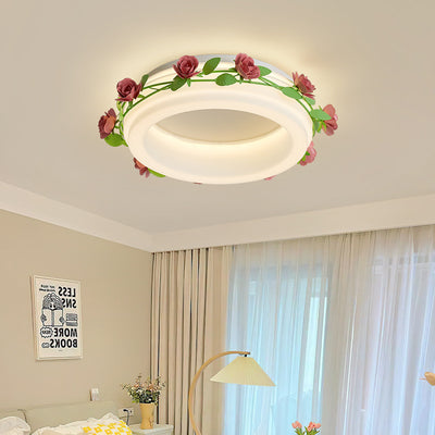 Plafonnier LED rond en fer et plastique avec fleurs créatives contemporaines pour chambre à coucher 