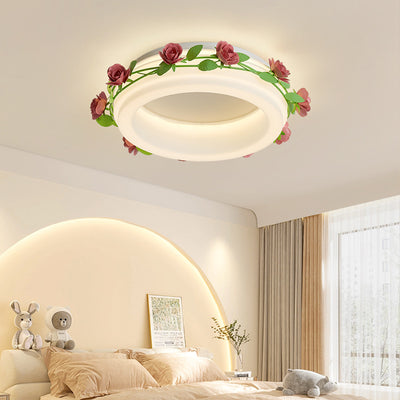 Plafonnier LED rond en fer et plastique avec fleurs créatives contemporaines pour chambre à coucher 
