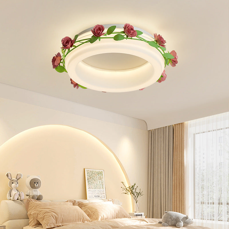 Plafonnier LED rond en fer et plastique avec fleurs créatives contemporaines pour chambre à coucher 