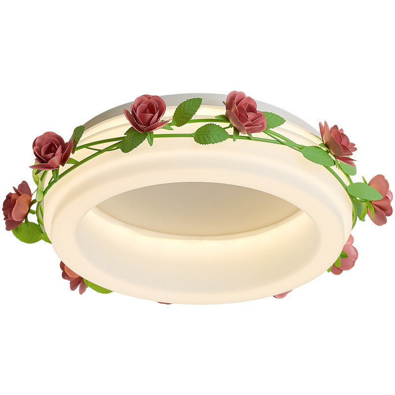 Plafonnier LED rond en fer et plastique avec fleurs créatives contemporaines pour chambre à coucher 