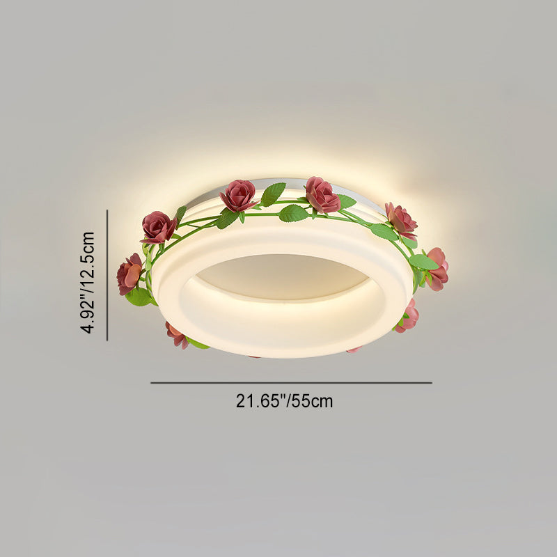Plafonnier LED rond en fer et plastique avec fleurs créatives contemporaines pour chambre à coucher 