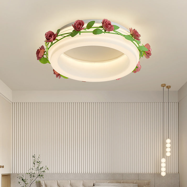Plafonnier LED rond en fer et plastique avec fleurs créatives contemporaines pour chambre à coucher 