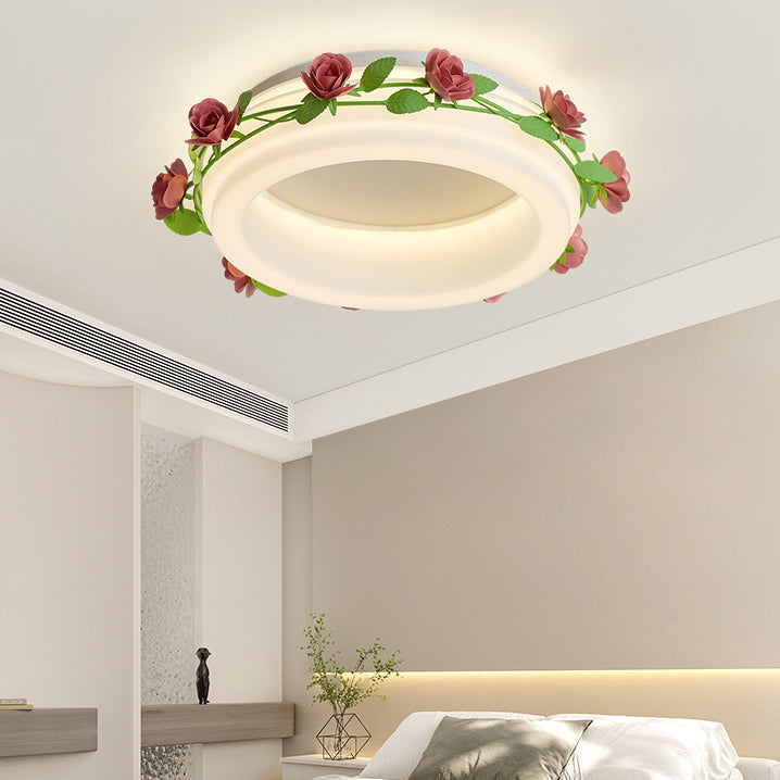 Plafonnier LED rond en fer et plastique avec fleurs créatives contemporaines pour chambre à coucher 