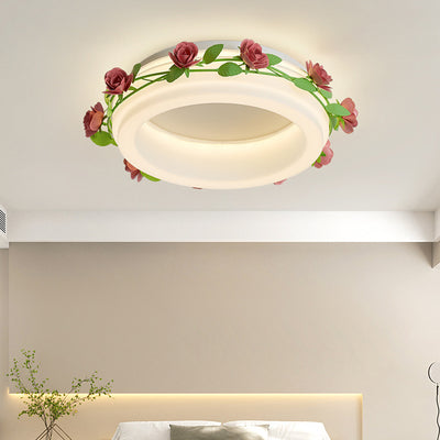 Plafonnier LED rond en fer et plastique avec fleurs créatives contemporaines pour chambre à coucher 