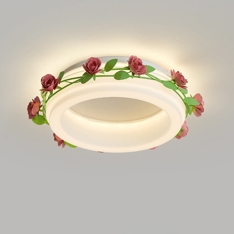 Plafonnier LED rond en fer et plastique avec fleurs créatives contemporaines pour chambre à coucher 