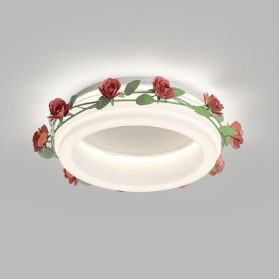 Plafonnier LED rond en fer et plastique avec fleurs créatives contemporaines pour chambre à coucher 