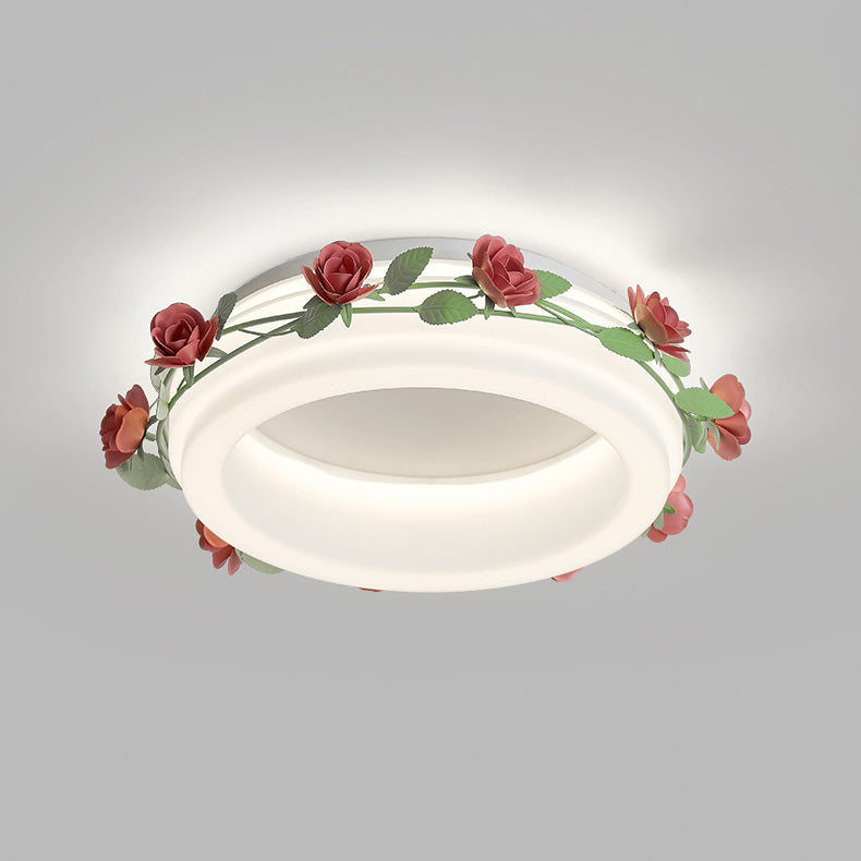 Plafonnier LED rond en fer et plastique avec fleurs créatives contemporaines pour chambre à coucher 