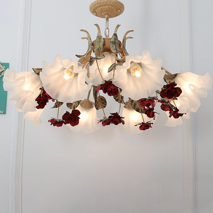 Traditioneller Vintage-Blumen-Eisen-Glas-Kronleuchter mit 4/6/9 Lichtern für Wohnzimmer 