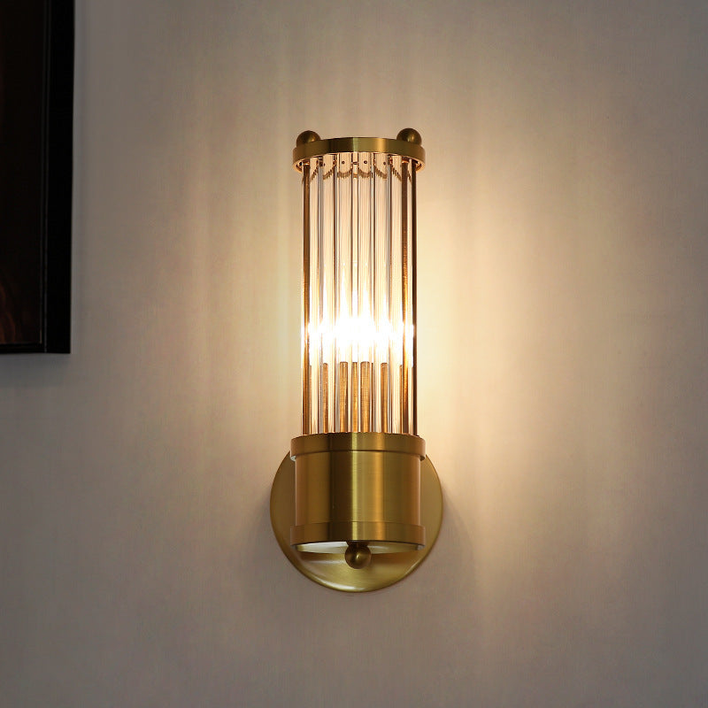 Moderne luxuriöse Wandleuchte mit transparentem zylindrischem Glasschirm aus Edelstahl, 1/2-flammig, für den Flur 
