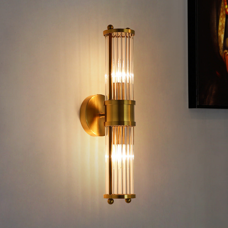 Moderne luxuriöse Wandleuchte mit transparentem zylindrischem Glasschirm aus Edelstahl, 1/2-flammig, für den Flur 