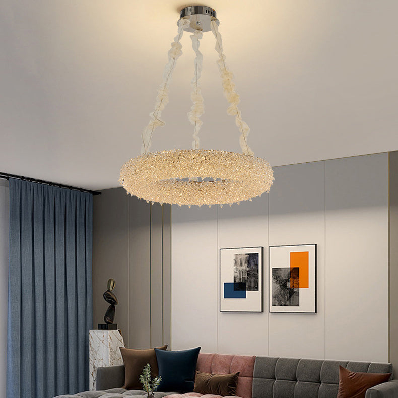 Moderner Luxuskreis Edelstahl Kristall LED Kronleuchter für Wohnzimmer 