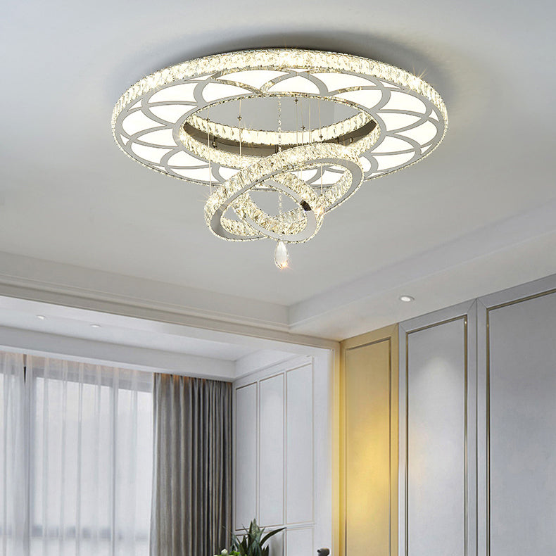 Moderne Luxus Blume Muster Runde Edelstahl Kristall LED Unterputz Deckenleuchte Für Wohnzimmer 