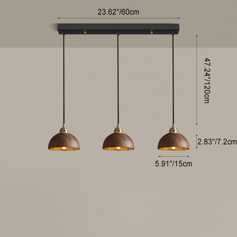 Lámpara colgante de 3 luces de nogal negro hemisferio chino tradicional de cobre y hierro para comedor 