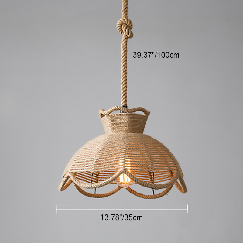 Traditional Vintage Flower Basket Iron Linen Rope 1-Light Pendant Light For Living Room