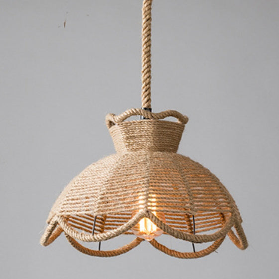 Traditional Vintage Flower Basket Iron Linen Rope 1-Light Pendant Light For Living Room