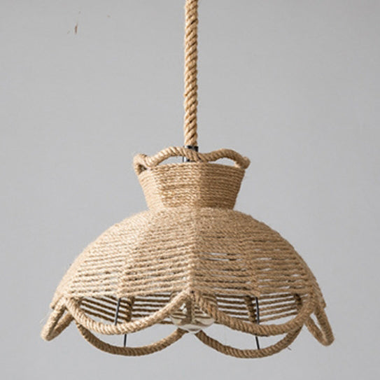 Traditional Vintage Flower Basket Iron Linen Rope 1-Light Pendant Light For Living Room