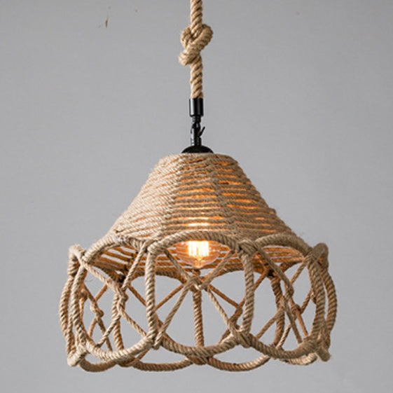 Traditional Vintage Flower Basket Iron Linen Rope 1-Light Pendant Light For Living Room