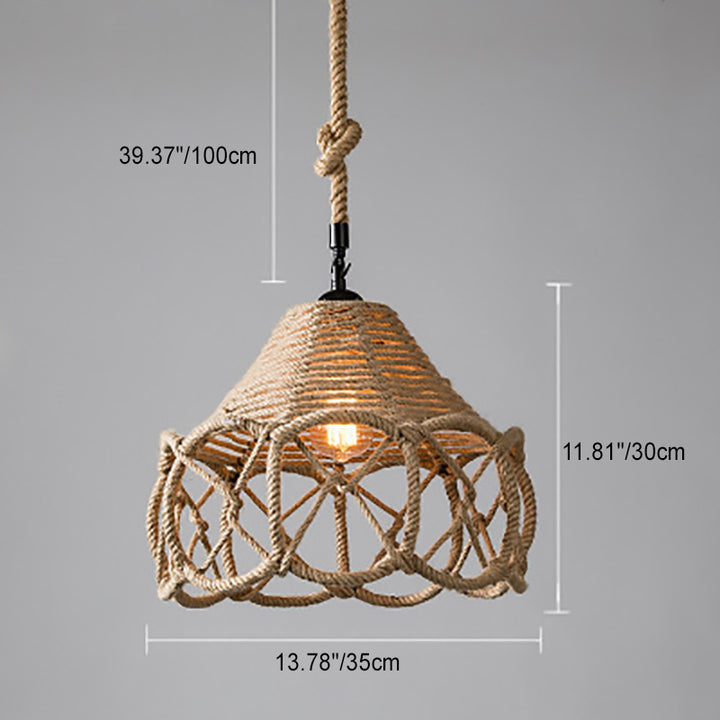 Traditional Vintage Flower Basket Iron Linen Rope 1-Light Pendant Light For Living Room
