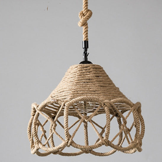 Traditional Vintage Flower Basket Iron Linen Rope 1-Light Pendant Light For Living Room