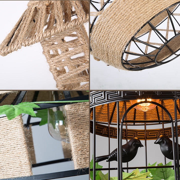 Traditional Vintage Flower Basket Iron Linen Rope 1-Light Pendant Light For Living Room
