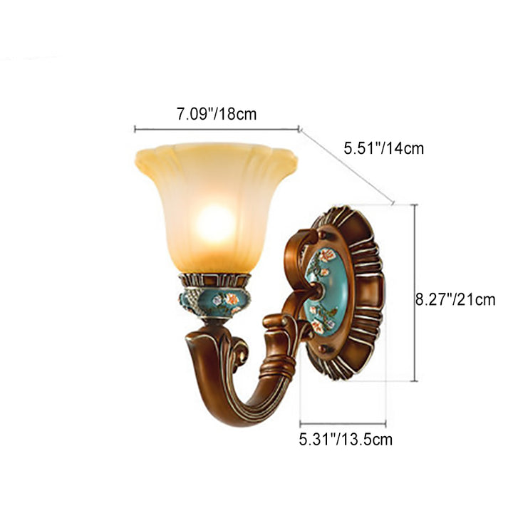 Applique murale 1 lumière en résine de fleur vintage traditionnelle en fer et verre pour chambre 