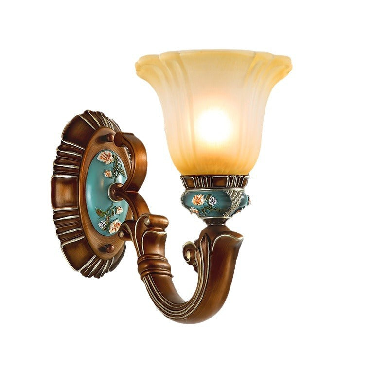 Applique murale 1 lumière en résine de fleur vintage traditionnelle en fer et verre pour chambre 