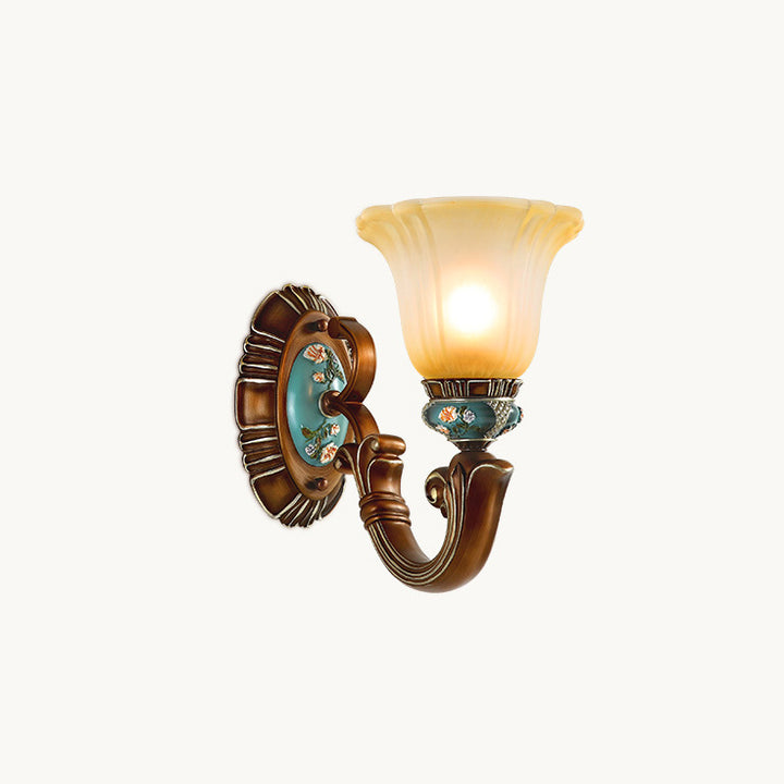 Applique murale 1 lumière en résine de fleur vintage traditionnelle en fer et verre pour chambre 