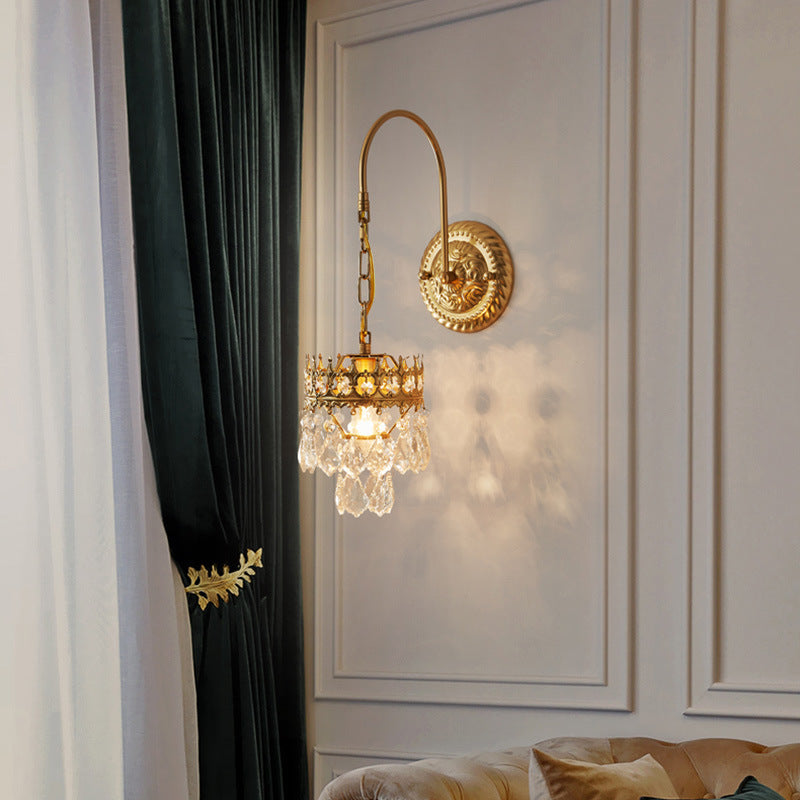 Modern Luxury Crown Round Iron Crystal 1-Light Wall Sconce Lamp For Living Room