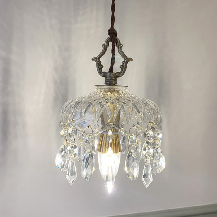 Lustre suspendu vintage traditionnel en verre rond cristal cuivre à 1 lumière pour chambre 