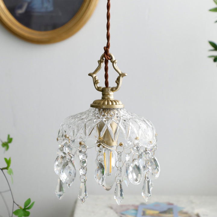Lustre suspendu vintage traditionnel en verre rond cristal cuivre à 1 lumière pour chambre 