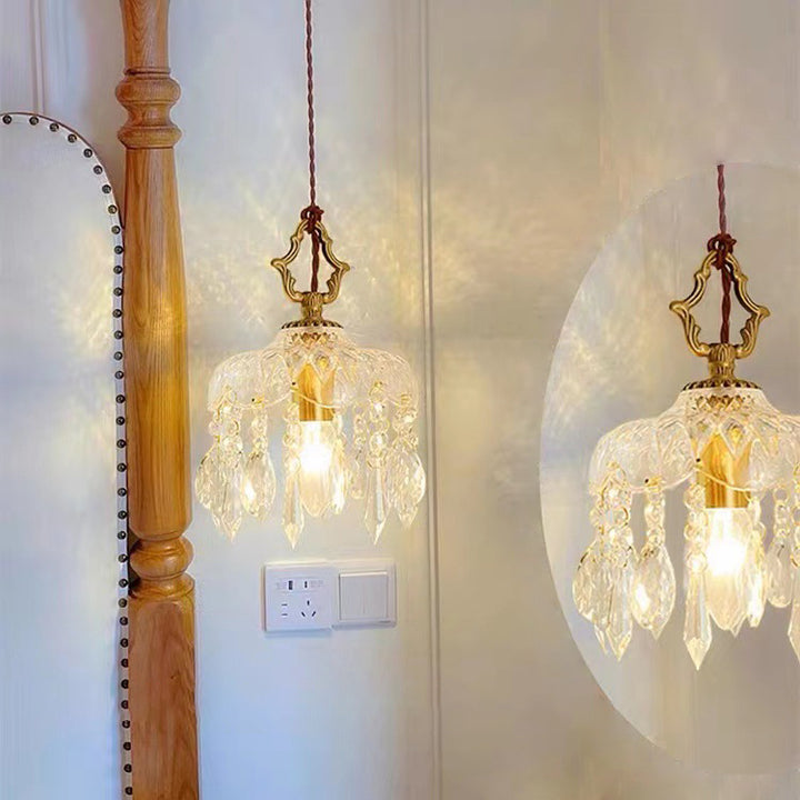Lustre suspendu vintage traditionnel en verre rond cristal cuivre à 1 lumière pour chambre 