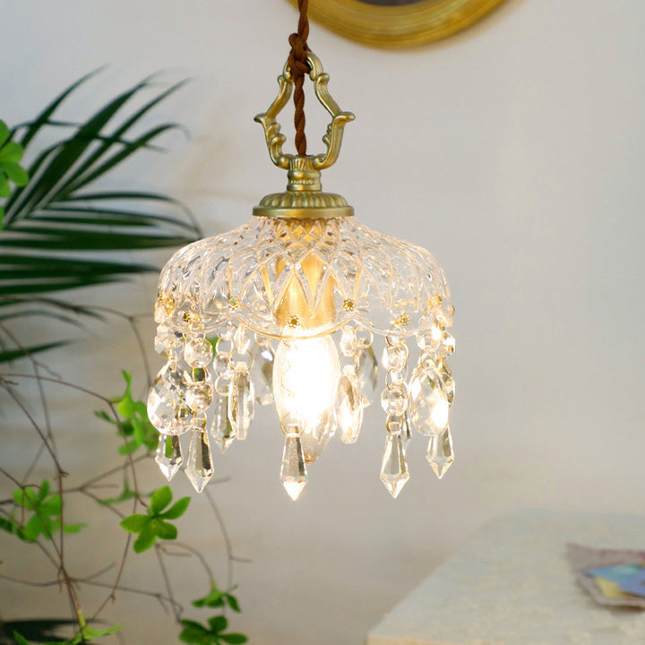 Lustre suspendu vintage traditionnel en verre rond cristal cuivre à 1 lumière pour chambre 