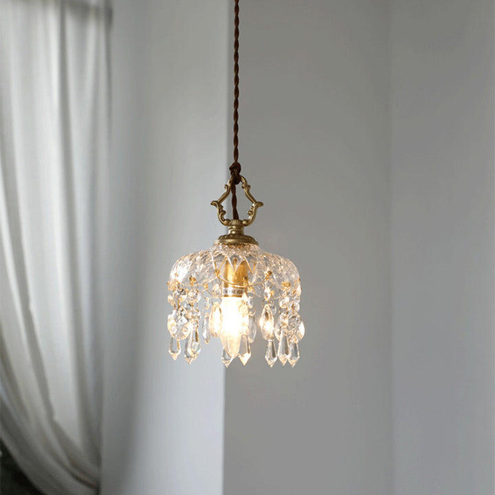Lustre suspendu vintage traditionnel en verre rond cristal cuivre à 1 lumière pour chambre 