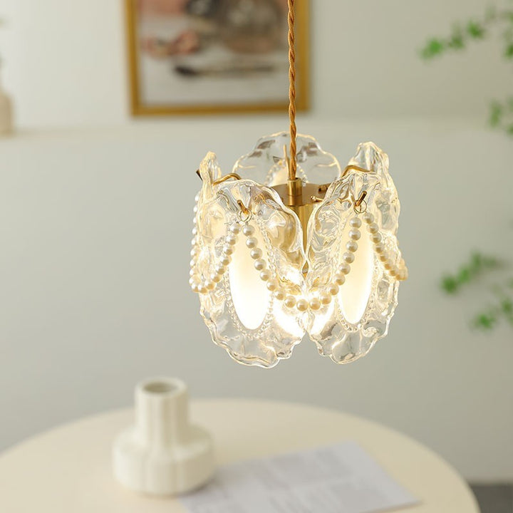 Traditional French Flower Iron Glass Pearl 1-Light Pendant Light For Bedroom