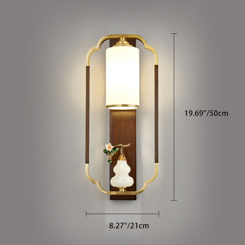 Lámpara Aplique de Pared de 1 Luz con Calabaza Tradicional China, Rectángulo, Nogal, Cobre y Vidrio para Dormitorio 