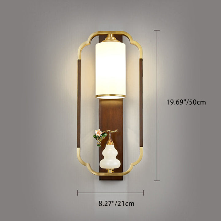 Lámpara Aplique de Pared de 1 Luz con Calabaza Tradicional China, Rectángulo, Nogal, Cobre y Vidrio para Dormitorio 
